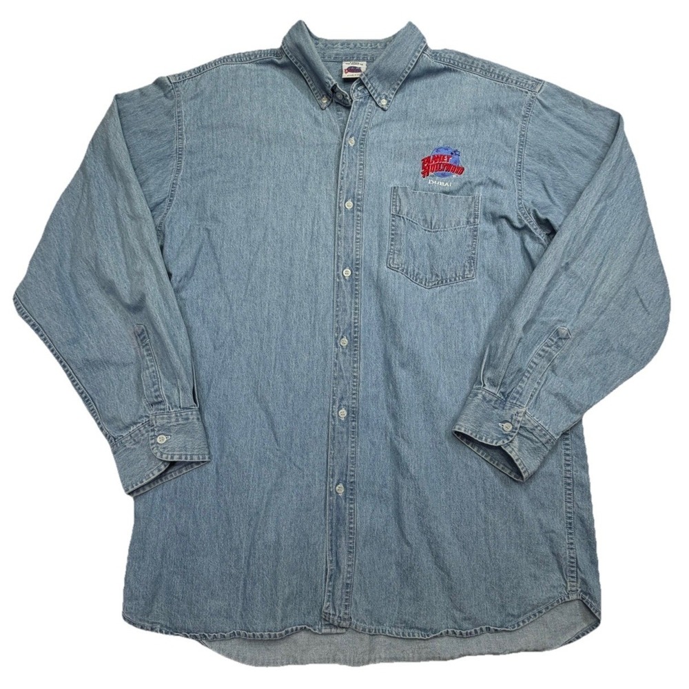Vintage Planet Hollywood Dubai Denim Shirt XL‎ Button Front Chambray Logo